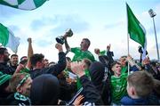 19 November 2023; Cathal Moriarty of Milltown-Castlemaine celebrates with team mates and the trophy after the Kerry County Intermediate Football Championship Final match between Fossa and Milltown/Castlemaine at Austin Stack Park in Tralee, Kerry. Photo by David Fitzgerald/Sportsfile