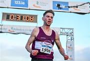 19 November 2023; Cormac Dalton of Mullingar Harriers AC, Westmeath, celebrates on his way to winning the Mens Senior 9000m during the 123.ie National Senior & Even Age Cross Country Championships at Gowran Demesne in Kilkenny. Photo by Ben McShane/Sportsfile