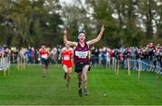 19 November 2023; Cormac Dalton of Mullingar Harriers AC, Westmeath, celebrates on his way to winning the Mens Senior 9000m during the 123.ie National Senior & Even Age Cross Country Championships at Gowran Demesne in Kilkenny. Photo by Ben McShane/Sportsfile