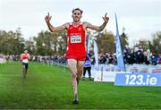 19 November 2023; Kevin Mulcaire of Ennis Track AC, Clare, celebrates on his way to finishing second place in the Mens Senior 9000m during the 123.ie National Senior & Even Age Cross Country Championships at Gowran Demesne in Kilkenny. Photo by Ben McShane/Sportsfile
