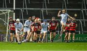 19 November 2023; Adrian Breen of Na Piarsaigh, right, celebrates after scoring a late goal during the AIB Munster GAA Hurling Senior Club Championship Semi-Final match between Na Piarsaigh, Limerick, and Ballygunner, Waterford, at TUS Gaelic Grounds in Limerick. Photo by Brendan Moran/Sportsfile