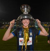 19 November 2023; Madison Gibson of Athlone Town celebrates with the FAI Cup following the Sports Direct FAI Women's Cup Final match between Athlone Town and Shelbourne at Tallaght Stadium in Dublin. Photo by Stephen McCarthy/Sportsfile