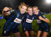 19 November 2023; Athlone Town players, from left, Kate Slevin, Muireann Devaney and Shauna Brennan celebrate following the Sports Direct FAI Women's Cup Final match between Athlone Town and Shelbourne at Tallaght Stadium in Dublin. Photo by Stephen McCarthy/Sportsfile