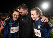 19 November 2023; Athlone Town manager Ciarán Kilduff celebrates with Chloe Singleton, left, and Jesi Lynne Rossman, right, following the Sports Direct FAI Women's Cup Final match between Athlone Town and Shelbourne at Tallaght Stadium in Dublin. Photo by Stephen McCarthy/Sportsfile