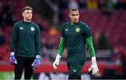 18 November 2023; Republic of Ireland goalkeepers Gavin Bazunu, right, and Mark Travers before the UEFA EURO 2024 Championship qualifying group B match between Netherlands and Republic of Ireland at Johan Cruijff ArenA in Amsterdam, Netherlands. Photo by Seb Daly/Sportsfile
