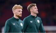 18 November 2023; Liam Scales, left, and Nathan Collins of Republic of Ireland before the UEFA EURO 2024 Championship qualifying group B match between Netherlands and Republic of Ireland at Johan Cruijff ArenA in Amsterdam, Netherlands. Photo by Seb Daly/Sportsfile