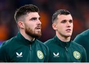 18 November 2023; Republic of Ireland players Jason Knight, right, and Ryan Manning before the UEFA EURO 2024 Championship qualifying group B match between Netherlands and Republic of Ireland at Johan Cruijff ArenA in Amsterdam, Netherlands. Photo by Seb Daly/Sportsfile