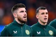 18 November 2023; Republic of Ireland players Ryan Manning, left, and Jason Knight before the UEFA EURO 2024 Championship qualifying group B match between Netherlands and Republic of Ireland at Johan Cruijff ArenA in Amsterdam, Netherlands. Photo by Seb Daly/Sportsfile