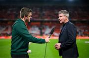 18 November 2023; Republic of Ireland manager Stephen Kenny is interviewed by FAI communications manager Kieran Crowley for FAI TV before the UEFA EURO 2024 Championship qualifying group B match between Netherlands and Republic of Ireland at Johan Cruijff ArenA in Amsterdam, Netherlands. Photo by Stephen McCarthy/Sportsfile