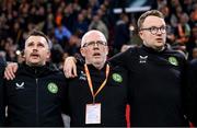 18 November 2023; Republic of Ireland staff, from left, chartered physiotherapist Kevin Mulholland, kitman Fergus McNally and STATSports analyst Andrew Morrissey before the UEFA EURO 2024 Championship qualifying group B match between Netherlands and Republic of Ireland at Johan Cruijff ArenA in Amsterdam, Netherlands. Photo by Stephen McCarthy/Sportsfile