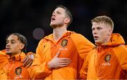 18 November 2023; Netherlands players, from left, Xavi Simons, Wout Weghorst and Jerdy Schouten before the UEFA EURO 2024 Championship qualifying group B match between Netherlands and Republic of Ireland at Johan Cruijff ArenA in Amsterdam, Netherlands. Photo by Stephen McCarthy/Sportsfile