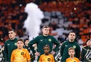 18 November 2023; Republic of Ireland players, from left, Jason Knight, Evan Ferguson and Josh Cullen before the UEFA EURO 2024 Championship qualifying group B match between Netherlands and Republic of Ireland at Johan Cruijff ArenA in Amsterdam, Netherlands. Photo by Stephen McCarthy/Sportsfile