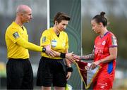 19 November 2023; Shelbourne captain Pearl Slattery shakes hands with match officials referee Marc Lynch and assistant referee Michelle O'Neill before the Sports Direct FAI Women's Cup Final match between Athlone Town and Shelbourne at Tallaght Stadium in Dublin. Photo by Stephen McCarthy/Sportsfile