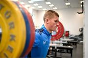 20 November 2023; Sam Prendergast during a gym session on the Leinster Rugby 12 Counties Tour at the South East Technological University in Carlow. Photo by Harry Murphy/Sportsfile