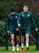 20 November 2023; James McClean, right, and Jayson Molumby arrive for a Republic of Ireland training session at the FAI National Training Centre in Abbotstown, Dublin. Photo by Stephen McCarthy/Sportsfile