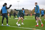 20 November 2023; Jayson Molumby, centre, during a Republic of Ireland training session at the FAI National Training Centre in Abbotstown, Dublin. Photo by Stephen McCarthy/Sportsfile