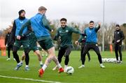20 November 2023; Players, from left, Shane Duffy, James McClean, Andrew Omobamidele, Jamie McGrath and coach John O'Shea during a Republic of Ireland training session at the FAI National Training Centre in Abbotstown, Dublin. Photo by Stephen McCarthy/Sportsfile