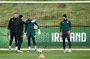 20 November 2023; Goalkeeping coach Dean Kiely with goalkeepers, from left, Mark Travers, Gavin Bazunu and Caoimhin Kelleher during a Republic of Ireland training session at the FAI National Training Centre in Abbotstown, Dublin. Photo by Stephen McCarthy/Sportsfile
