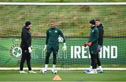 20 November 2023; Goalkeeping coach Dean Kiely with goalkeepers, from left, Gavin Bazunu, Caoimhin Kelleher and Mark Travers during a Republic of Ireland training session at the FAI National Training Centre in Abbotstown, Dublin. Photo by Stephen McCarthy/Sportsfile