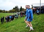 20 November 2023; Ciarán Frawley and Jordan Larmour arrive for a squad training session on the Leinster Rugby 12 Counties Tour at Kilkenny College in Kilkenny. Photo by Harry Murphy/Sportsfile