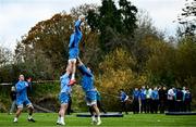 20 November 2023; Jack Conan is lifted in a lineout during a squad training session on the Leinster Rugby 12 Counties Tour at Kilkenny College in Kilkenny. Photo by Harry Murphy/Sportsfile