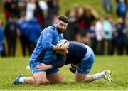 20 November 2023; Michael Milne, left, and Harry Byrne during a squad training session on the Leinster Rugby 12 Counties Tour at Kilkenny College in Kilkenny. Photo by Harry Murphy/Sportsfile