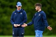 20 November 2023; Head coach Leo Cullen speaks to Ross Byrne during a squad training session on the Leinster Rugby 12 Counties Tour at Kilkenny College in Kilkenny. Photo by Harry Murphy/Sportsfile