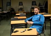 20 November 2023; Caelan Doris speaks to media after a squad training session on the Leinster Rugby 12 Counties Tour at Kilkenny College in Kilkenny. Photo by Harry Murphy/Sportsfile