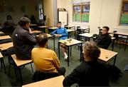 20 November 2023; Caelan Doris speaks to media after a squad training session on the Leinster Rugby 12 Counties Tour at Kilkenny College in Kilkenny. Photo by Harry Murphy/Sportsfile