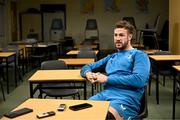 20 November 2023; Caelan Doris speaks to media after a squad training session on the Leinster Rugby 12 Counties Tour at Kilkenny College in Kilkenny. Photo by Harry Murphy/Sportsfile