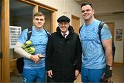 20 November 2023; Deputy head Aubrey O'Keeffe with Leinster co-captains Garry Ringrose and James Ryan after a squad training session on the Leinster Rugby 12 Counties Tour at Kilkenny College in Kilkenny. Photo by Harry Murphy/Sportsfile