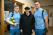 20 November 2023; Deputy head Aubrey O'Keeffe with Leinster co-captains Garry Ringrose and James Ryan after a squad training session on the Leinster Rugby 12 Counties Tour at Kilkenny College in Kilkenny. Photo by Harry Murphy/Sportsfile