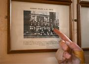 20 November 2023; Josh van der Flier with a photograph of his grandfather George Strong, who was a pupil at the school, after a squad training session on the Leinster Rugby 12 Counties Tour at Kilkenny College in Kilkenny. Photo by Harry Murphy/Sportsfile