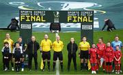 19 November 2023; Match officials, from left, reserve assistant referee Sean Stephens, assistant referee Ricky Crean, referee Marc Lynch, fourth official Kate O'Brien and assistant referee Michelle O'Neill with Athlone Town captain Laurie Ryan and goalkeeper Katie Keane and Shelbourne captain Pearl Slattery and goalkeeper Amanda McQuillan before the Sports Direct FAI Women's Cup Final match between Athlone Town and Shelbourne at Tallaght Stadium in Dublin. Photo by Stephen McCarthy/Sportsfile