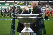 19 November 2023; President of Ireland Michael D Higgins and FAI President Gerry McAnaney stand for the playing of the National Anthem before the Sports Direct FAI Women's Cup Final match between Athlone Town and Shelbourne at Tallaght Stadium in Dublin. Photo by Stephen McCarthy/Sportsfile