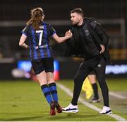 19 November 2023; Athlone Town manager Ciarán Kilduff congratulates Gillian Keenan on scoring their second goal during the Sports Direct FAI Women's Cup Final match between Athlone Town and Shelbourne at Tallaght Stadium in Dublin. Photo by Stephen McCarthy/Sportsfile