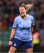 19 November 2023; Shelbourne goalkeeper Amanda McQuillan celebrates after Athlone Town failed to convert their opening penalty in the penalty shootout of the Sports Direct FAI Women's Cup Final match between Athlone Town and Shelbourne at Tallaght Stadium in Dublin. Photo by Stephen McCarthy/Sportsfile