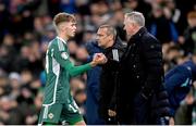 20 November 2023; Isaac Price of Northern Ireland shakes hands with manager Michael O'Neill as he is substituted during the UEFA EURO 2024 Qualifying Round Group H match between Northern Ireland and Denmark at the National Stadium at Windsor Park in Belfast. Photo by Ramsey Cardy/Sportsfile Photo by Ramsey Cardy/Sportsfile