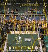 19 November 2023; Laurie Ryan of Athlone Town lifts the FAI Cup during the Sports Direct FAI Women's Cup Final match between Athlone Town and Shelbourne at Tallaght Stadium in Dublin. Photo by Stephen McCarthy/Sportsfile