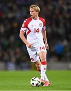 20 November 2023; Victor Kristiansen of Denmark during the UEFA EURO 2024 Qualifying Round Group H match between Northern Ireland and Denmark at the National Stadium at Windsor Park in Belfast. Photo by Ramsey Cardy/Sportsfile