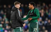 20 November 2023; Isaac Price, left, and Shea Charles of Northern Ireland of Northern Ireland after the UEFA EURO 2024 Qualifying Round Group H match between Northern Ireland and Denmark at the National Stadium at Windsor Park in Belfast. Photo by Ramsey Cardy/Sportsfile