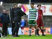 30 October 2023; Zayd Abada of Shamrock Rovers in conversation with Shamrock Rovers head coach Anthony Cousins during the EA SPORTS MU19 LOI Enda McGuill Cup match between Galway United and Shamrock Rovers at Eamon Deacy Park in Galway. Photo by Ben McShane/Sportsfile