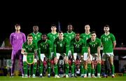 21 November 2023; Republic of Ireland team, back row, from left to right, Joshua Keeley, Sinclair Armstrong, Anselmo Garcia MacNulty, Mohammed Lawal, Killian Phillips and Sean Roughan. Front row, from left to right, Sam Curtis, Babajide Adeeko, Matthew Healy, Aidomo Emakhu and Sean Grehan before the UEFA European Under-21 Championship Qualifier match between Republic of Ireland and Italy at Turners Cross in Cork. Photo by Eóin Noonan/Sportsfile