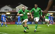 21 November 2023; Killian Phillips of Republic of Ireland, left, celebrates with team-mate Aidomo Emakhu after scoring his side's first goal during the UEFA European Under-21 Championship Qualifier match between Republic of Ireland and Italy at Turners Cross in Cork. Photo by Eóin Noonan/Sportsfile