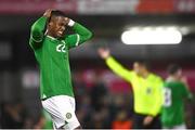 21 November 2023; Aidomo Emakhu of Republic of Ireland reacts during the UEFA European Under-21 Championship Qualifier match between Republic of Ireland and Italy at Turners Cross in Cork. Photo by Eóin Noonan/Sportsfile