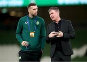 21 November 2023; Republic of Ireland manager Stephen Kenny in conversation with Shane Duffy before the international friendly match between Republic of Ireland and New Zealand at the Aviva Stadium in Dublin. Photo by Michael P Ryan/Sportsfile