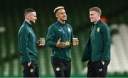 21 November 2023; Republic of Ireland players, from left, Alan Browne, Callum Robinson and James McClean before the international friendly match between Republic of Ireland and New Zealand at Aviva Stadium in Dublin. Photo by Piaras Ó Mídheach/Sportsfile