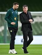 21 November 2023; Republic of Ireland manager Stephen Kenny, right, and Shane Duffy of Republic of Ireland before the international friendly match between Republic of Ireland and New Zealand at Aviva Stadium in Dublin. Photo by Piaras Ó Mídheach/Sportsfile