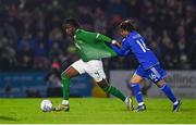 21 November 2023; Mohammed Lawal of Republic of Ireland in action against Luca Koleosho of Italy during the UEFA European Under-21 Championship Qualifier match between Republic of Ireland and Italy at Turners Cross in Cork. Photo by Eóin Noonan/Sportsfile