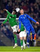 21 November 2023; Mohammed Lawal of Republic of Ireland in action against Cesare Casadei of Italy during the UEFA European Under-21 Championship Qualifier match between Republic of Ireland and Italy at Turners Cross in Cork. Photo by Eóin Noonan/Sportsfile